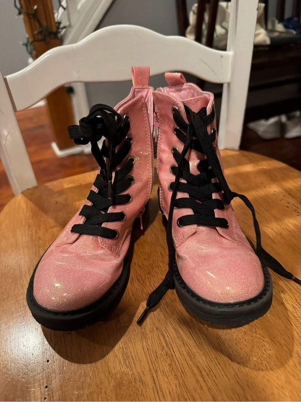 Girls' Pink Glitter Lace-Up Combat Boots with Black Laces